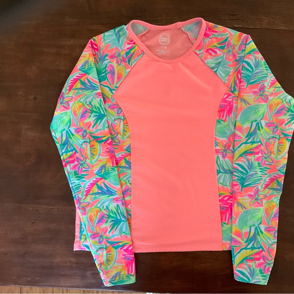 Wonder Nation Girls Long Sleeve Printed Splice Rashguard Top.size 14-16